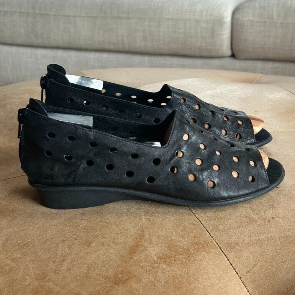 Sesto Meucci Black Sandals Soft Leather Perforated Comfort Wedge Italy Women 38 - Picture 2 of 10